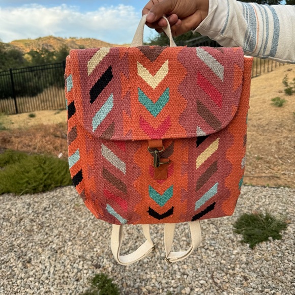 Orange Teal Tribal Print Arrow Cotton Backpack - Picture 6 of 8